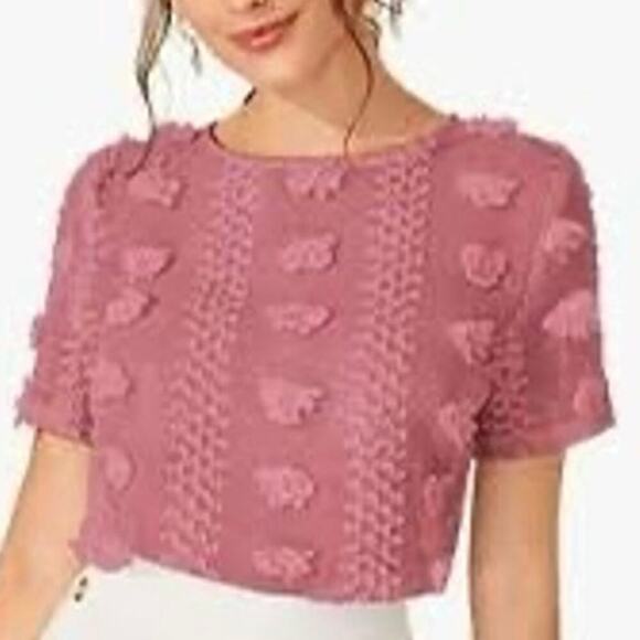 New SWEET WANDERER Dusty Rose Pink Texured Dot Rosette Blouse Puff Sleeve Sz M - Picture 1 of 13
